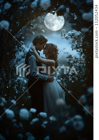 AI-generated content. Romantic Couple Embracing Under Moonlit Flower Garden 112052434