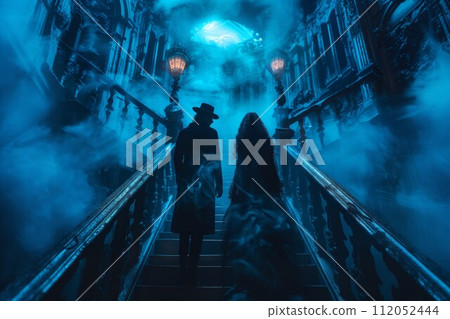 AI-generated content. Mysterious Couple Ascending Foggy Staircase at Night 112052444