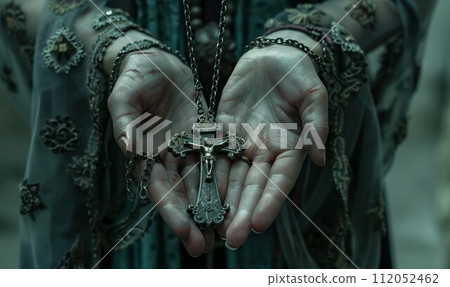 AI-generated content. Mysterious Hands Holding a Vintage Silver Crucifix 112052462