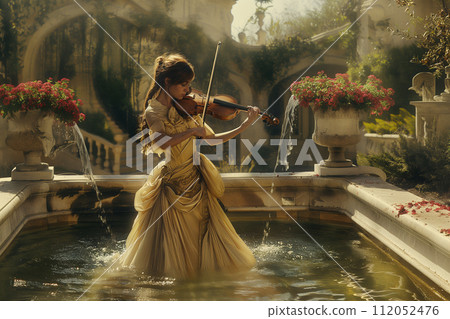 AI-generated content. Violinist Playing in Fountain Amidst Classical Garden 112052476