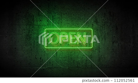 3d render of a green neon sign open on a concrete wall 112052561
