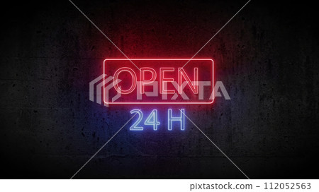 3d render of neon sign open 24 hours on the wall 112052563