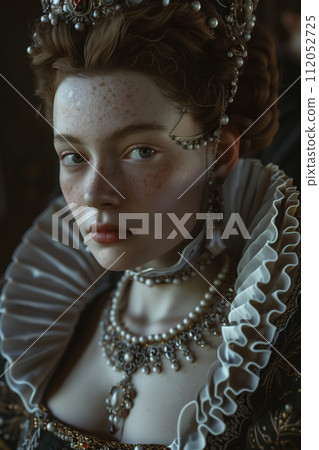 AI-generated content. Regal Young Woman in Ornate Renaissance Attire 112052725