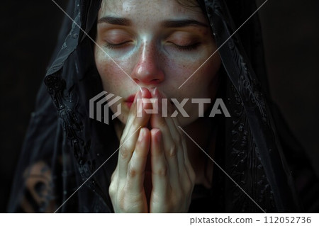 AI-generated content. Young Woman in Prayerful Pose Seeking Solace 112052736