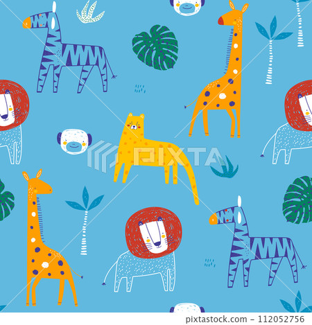 Seamless jungle pattern with lions, giraffe, zebra, leopard and tropical elements. Creative childish for fabric, wrapping, textile, wallpaper, apparel. Vector illustration 112052756