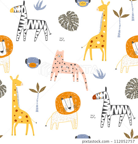 Seamless jungle pattern with lions, giraffe, zebra, leopard and tropical elements. Creative childish for fabric, wrapping, textile, wallpaper, apparel. Vector illustration 112052757