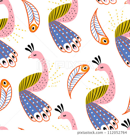 Seamless pattern with hand drawn cartoon peacock birds and feathers. Creative vector texture for fabric, textile, wallpaper. 112052764