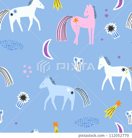 Cartoon childish pattern with magical horses, stars,moon. Pastel background. Vector kids texture 112052770