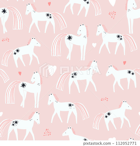 Cartoon childish pattern with magical horses and hearts. Pastel background. Vector kids texture 112052771