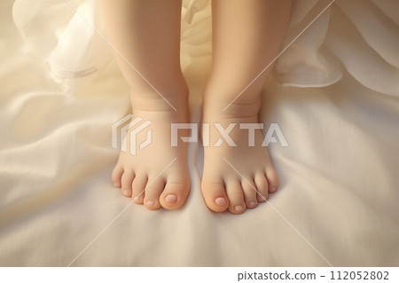 AI-generated content. Child's Feet on White Bed Sheet in Soft Light 112052802