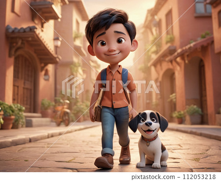 3D render of an Asian boy walking with his dog 3D render of an Asian boy walking with his dog 112053218