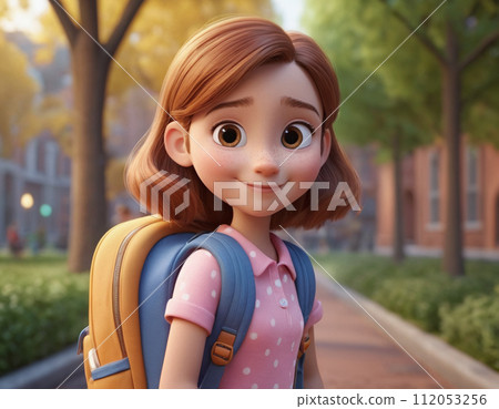 3D render portrait of a girl with a backpack going to school, cartoon style 112053256