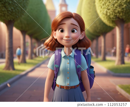 3D render portrait of a girl with a backpack going to school, cartoon style 112053257
