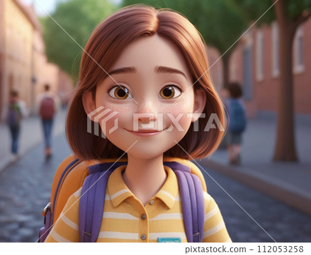 3D render portrait of a girl with a backpack going to school, cartoon style 112053258
