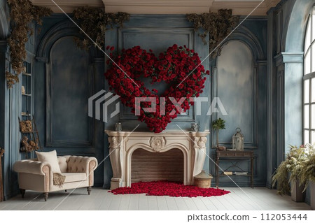 AI-generated content. Romantic Fireplace with Heart-Shaped Rose Arrangement 112053444