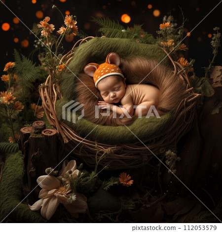 AI-generated content. Serene Newborn Sleeping in Nature-Inspired Nest in Summer Forest AI-generated content. Serene Newborn Sleeping in Nature-Inspired Nest in Summer Forest 112053579