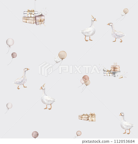 Pattern with Air Balloons and goose, gifs. Watercolor seamless background for Kids. Cute Print for childish textile design or wallpaper. Pastel Color Balloons. hand drawing illustration on isolated. Pattern with Air Balloons and goose, gifs. Watercolor seamless background for Kids. Cute Print for childish textile design or wallpaper. Pastel Color Balloons. hand drawing illustration on isolated. 112053684