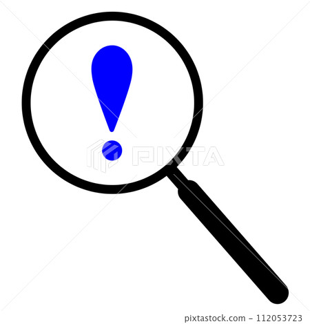 Simple illustration icon of a black magnifying glass with a blue exclamation mark Simple illustration icon of a black magnifying glass with a blue exclamation mark 112053723