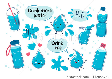 Water vector set. Cute water drops. Water in glass, plastic bottle, thermos.  112053759