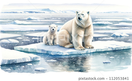 Polar Bear and Cub on Ice Floe Polar Bear and Cub on Ice Floe 112053841