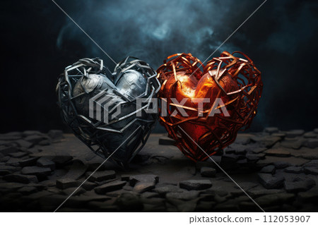 Two heart in network of metallic with a powerful contrast in color on dark background 112053907
