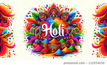 Happy Holi Greeting with Vibrant Colorful Illustration 112054030