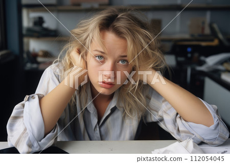 Young woman feeling overwhelmed at work 112054045