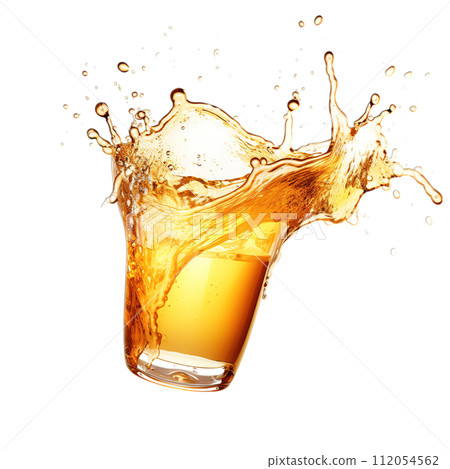 Dynamic beer splashes with fizzy bubbles and delicate drops, isolated on transparency, capturing the essence of a cold, refreshing brew. 112054562