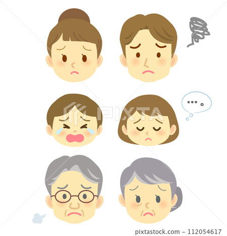 Family of 6 people with dark troubled expressions/negative image/face only icon set 112054617