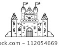 Line art illustration of medieval castle with towers and flags, black and white coloring page, fairy tale architecture concept. 112054669