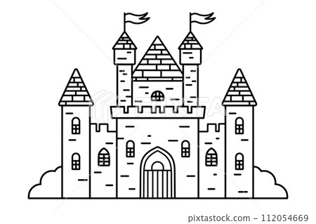 Line art illustration of medieval castle with towers and flags, black and white coloring page, fairy tale architecture concept. Line art illustration of medieval castle with towers and flags, black and white coloring page, fairy tale architecture concept. 112054669