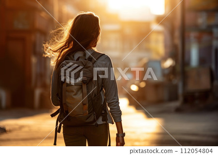 Sport woman rucking and walking at street in modern city. Generative AI 112054804