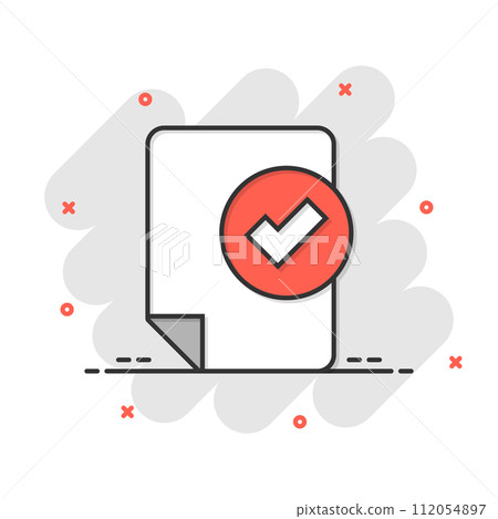Document checklist icon in comic style. Report cartoon vector illustration on white isolated background. Paper sheet splash effect business concept. 112054897