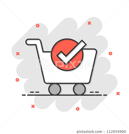 Shopping cart check mark icon in comic style. Buy approval cartoon vector illustration on white isolated background. Confirm splash effect business concept. 112054900