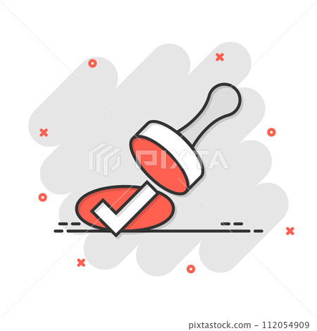 Approve stamp icon in comic style. Accept check mark cartoon vector illustration on white isolated background. Approval choice splash effect business concept. 112054909