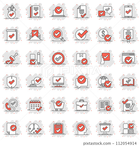 Approve icon set in comic style. Check mark cartoon vector illustration on white isolated background. Tick accepted splash effect business concept. 112054914
