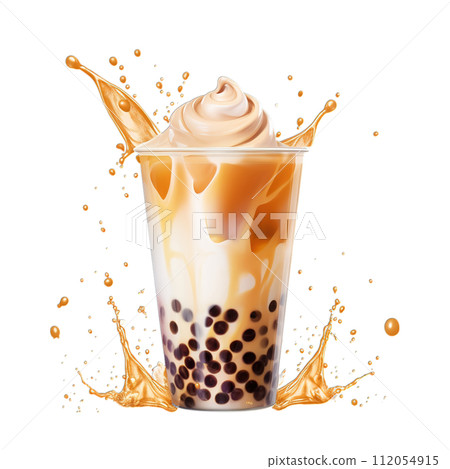 Refreshing bubble tea splash isolated on a transparent background, capturing the dynamic dance of tapioca pearls and vibrant liquid swirls 112054915