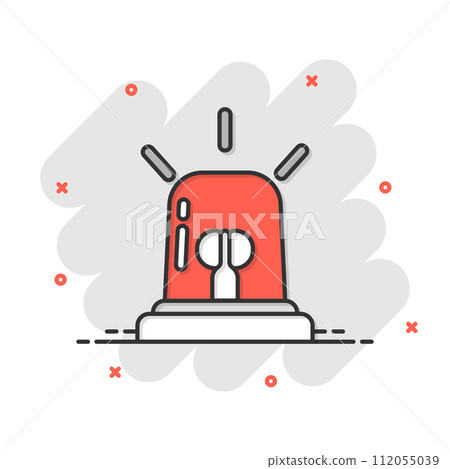 Emergency alarm icon in comic style. Alert lamp cartoon vector illustration on isolated background. Police urgency splash effect sign business concept. 112055039