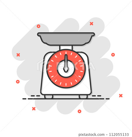 Weight scale icon in comic style. Mass measurement cartoon vector illustration on isolated background. Overweight splash effect sign business concept. 112055133