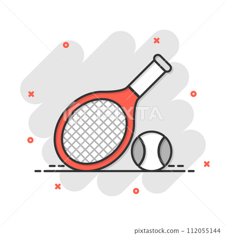Tennis racket icon in comic style. Gaming racquet cartoon vector illustration on isolated background. Sport activity splash effect sign business concept. 112055144