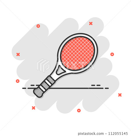 Tennis racket icon in comic style. Gaming racquet cartoon vector illustration on isolated background. Sport activity splash effect sign business concept. 112055145
