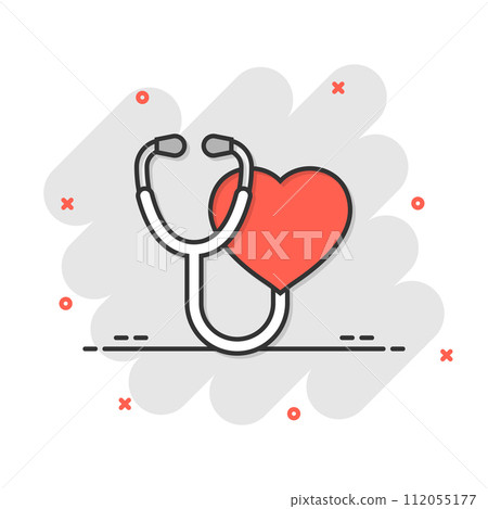 Stethoscope icon in comic style. Heart diagnostic cartoon vector illustration on isolated background. Medicine splash effect sign business concept. Stethoscope icon in comic style. Heart diagnostic cartoon vector illustration on isolated background. Medicine splash effect sign business concept. 112055177