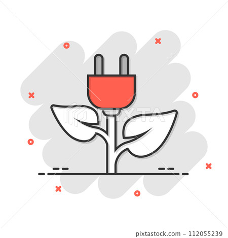 Eco power icon in comic style. Green energy cartoon vector illustration on white isolated background. Nature cable splash effect business concept. 112055239