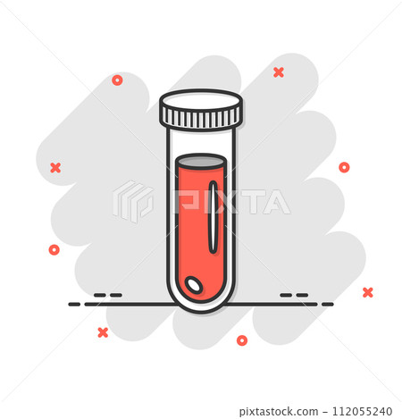Blood in test tube icon in comic style. Laboratory flask cartoon vector illustration on isolated background. Liquid in beaker splash effect sign business concept. Blood in test tube icon in comic style. Laboratory flask cartoon vector illustration on isolated background. Liquid in beaker splash effect sign business concept. 112055240