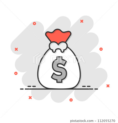 Money bag icon in comic style. Moneybag cartoon vector illustration on isolated background. Coin sack splash effect sign business concept. 112055270