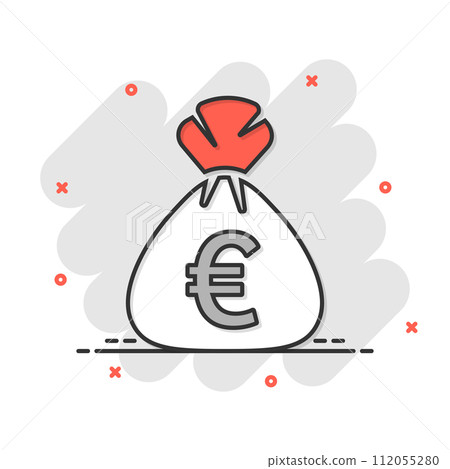 Money bag icon in comic style. Moneybag cartoon vector illustration on isolated background. Coin sack splash effect sign business concept. 112055280