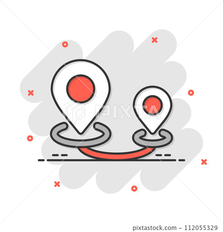Map pin icon in comic style. GPS navigation cartoon vector illustration on white isolated background. Locate position splash effect business concept. Map pin icon in comic style. GPS navigation cartoon vector illustration on white isolated background. Locate position splash effect business concept. 112055329