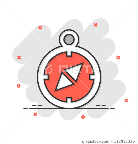 Compass icon in comic style. Navigation equipment cartoon vector illustration on white isolated background. Journey direction splash effect business concept. Compass icon in comic style. Navigation equipment cartoon vector illustration on white isolated background. Journey direction splash effect business concept. 112055330