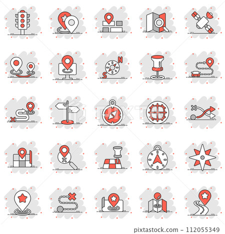 Navigation icon set in comic style. Gps direction cartoon vector illustration on white isolated background. Locate pin position splash effect business concept. 112055349