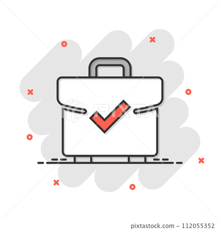 Briefcase accept icon in comic style. Portfolio approval cartoon vector illustration on white isolated background. Confirm splash effect business concept. Briefcase accept icon in comic style. Portfolio approval cartoon vector illustration on white isolated background. Confirm splash effect business concept. 112055352